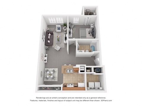 a stylized floor plan with a bedroom and a living room